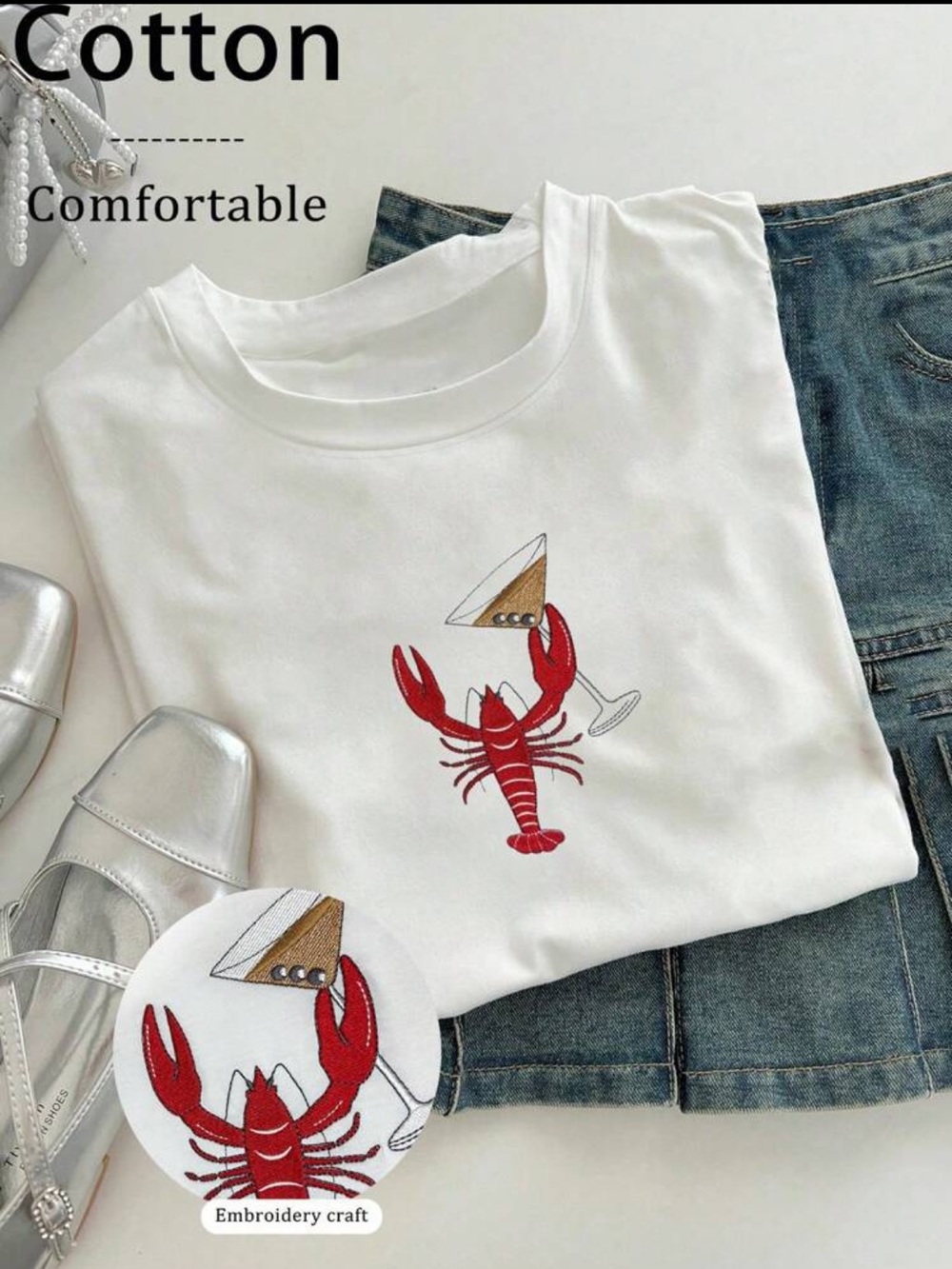 Women’s White Short Sleeve Tee with Red Lobster Embroidery